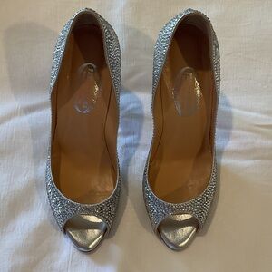 Beverly Feldman Sparkling Silver Peep-Toe Heels